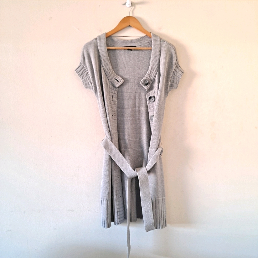 Silk Cotton Blend SS Gray Belted Long Cardigan - S